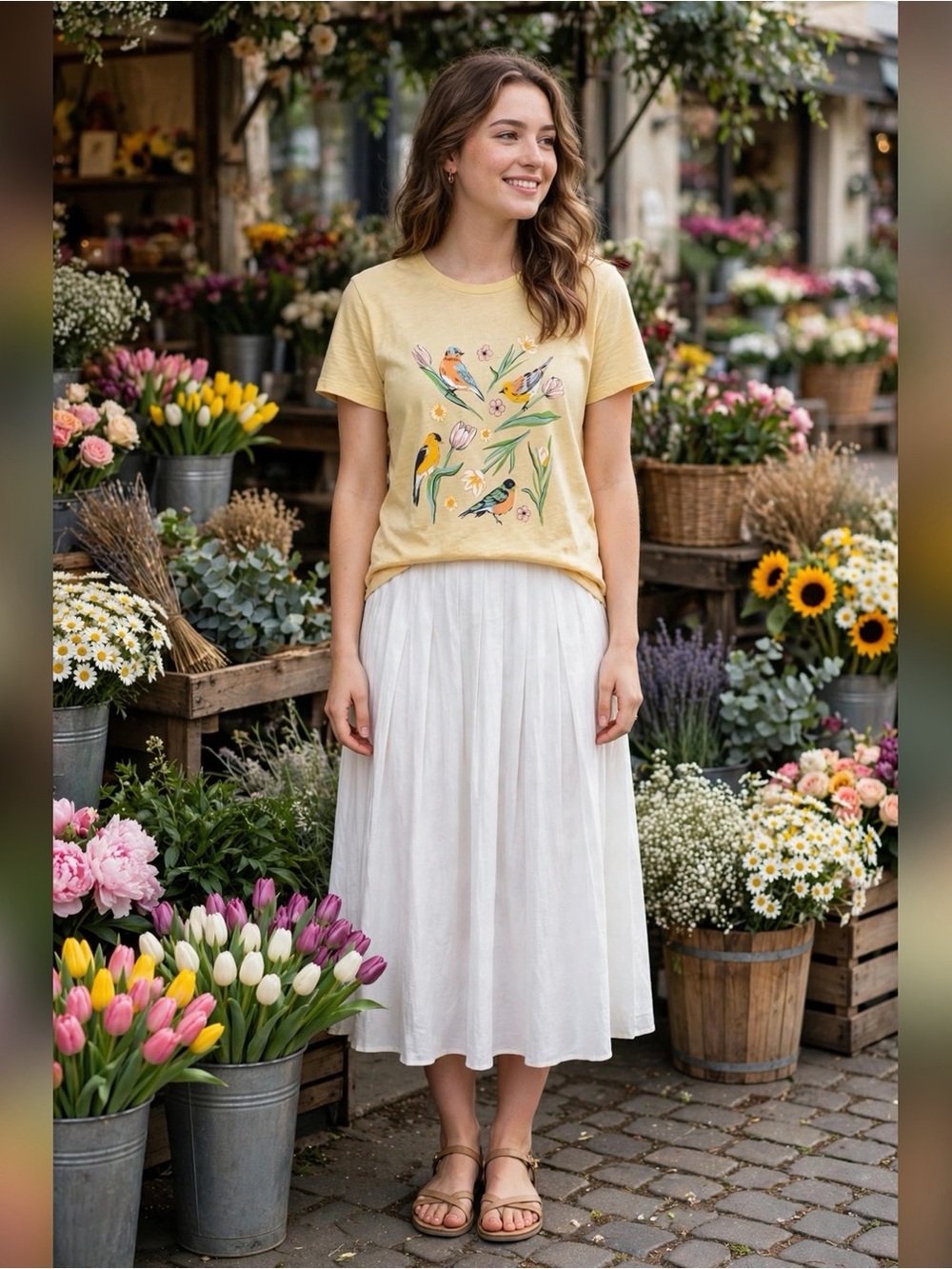 LOFT SONGBIRD GRAPHIC TEE BUTTER YELLOW COTTAGECORE GARDEN FLORAL BIRD SHIRT